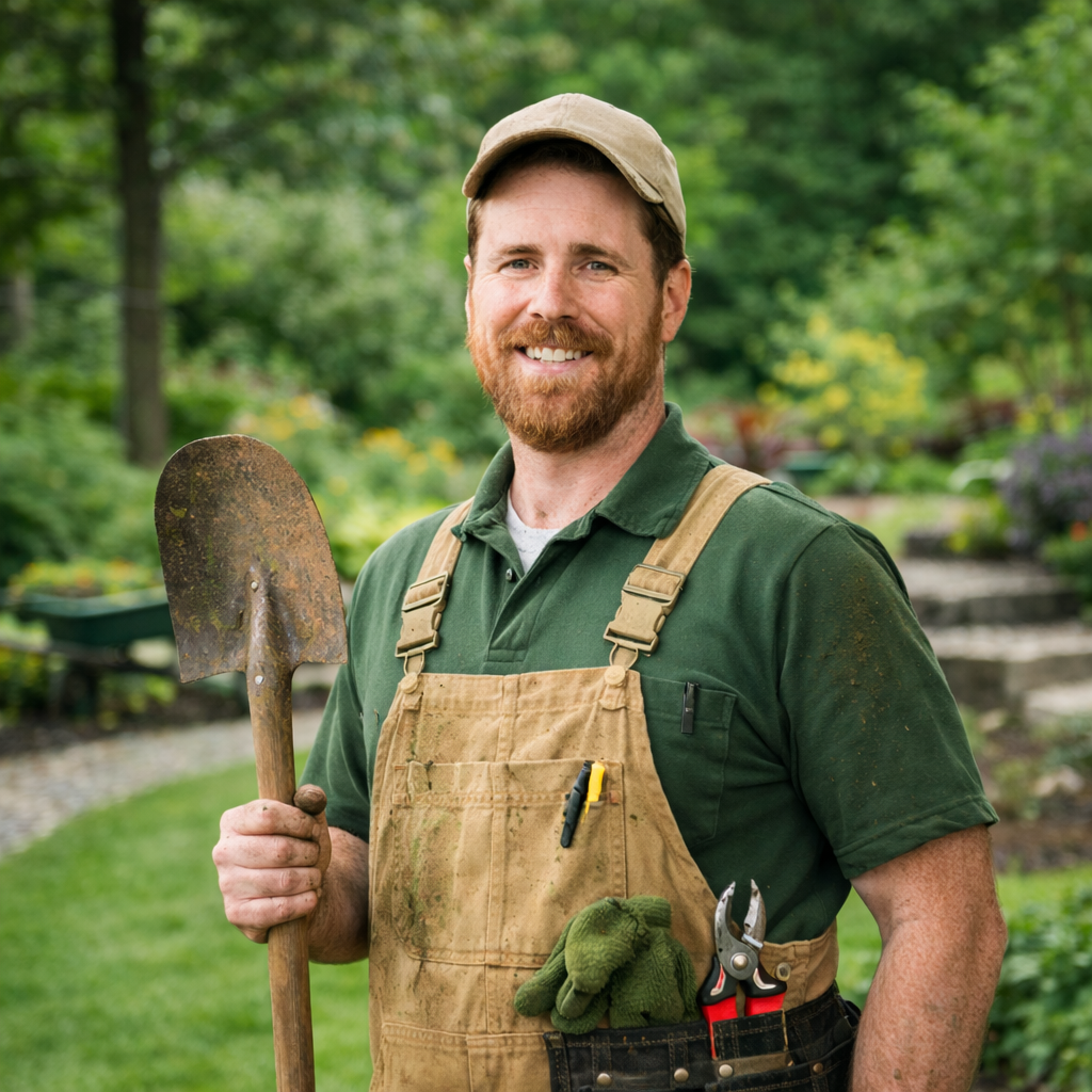 Little Frog Landscoping team member in a garden.